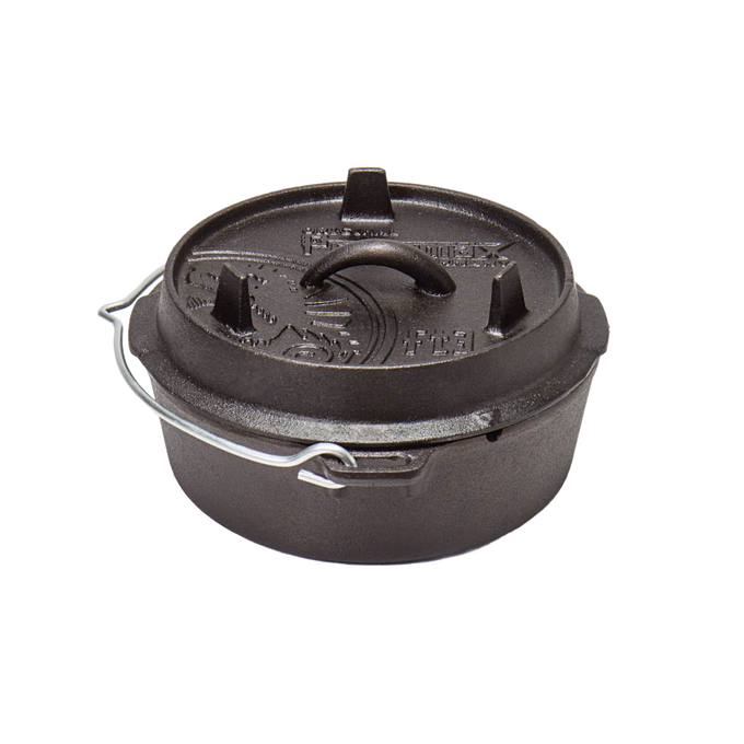 Heavy-duty cast iron Dutch oven with flat base and secure lid featuring raised feet for heat circulation, ideal for open-air and kitchen cooking, featured in Kitchen & Food, Cookware, Cast Iron, Best Sellers, and Promo Eligible collections.