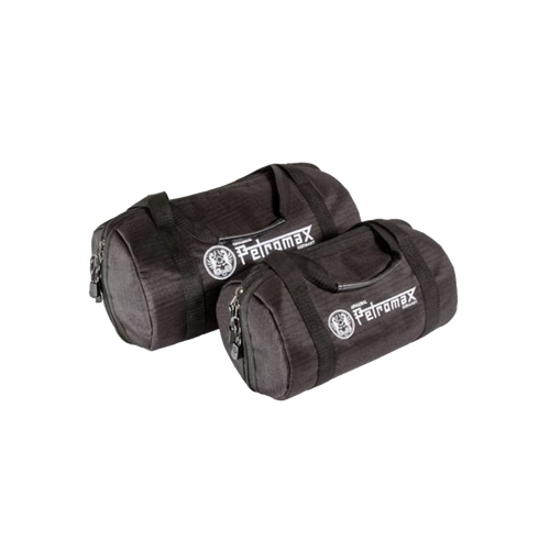 Set of two durable black transport bags made from ripstop fabric, designed for safely carrying fire kettles and other cookware, featured in Kitchen & Food and Cast Iron collections.