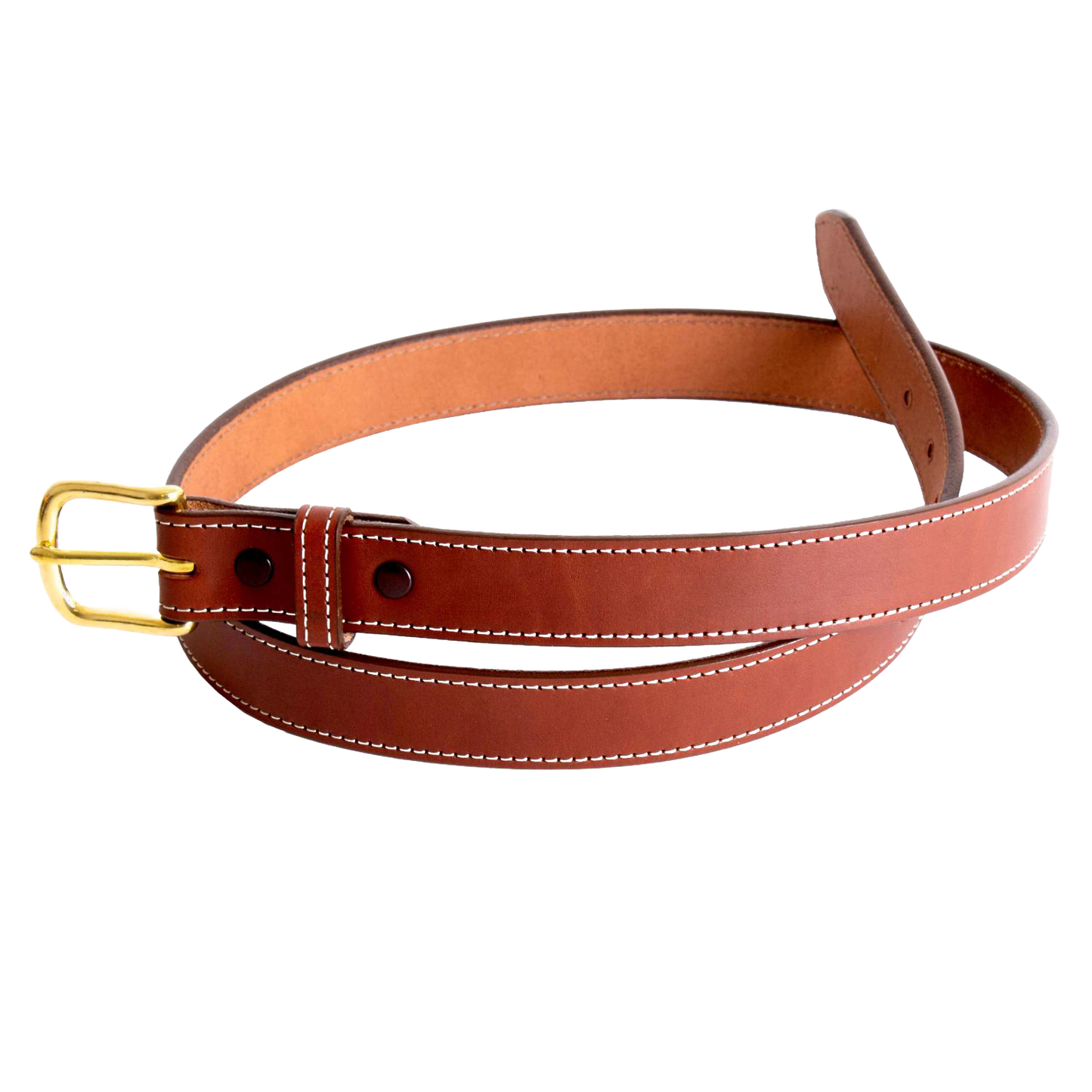 Handcrafted Amish-made 1-inch wide dressy leather belt in genuine English bridle leather with polished brass buckle and fine stitching, featured in USA Made and Best Sellers collections.