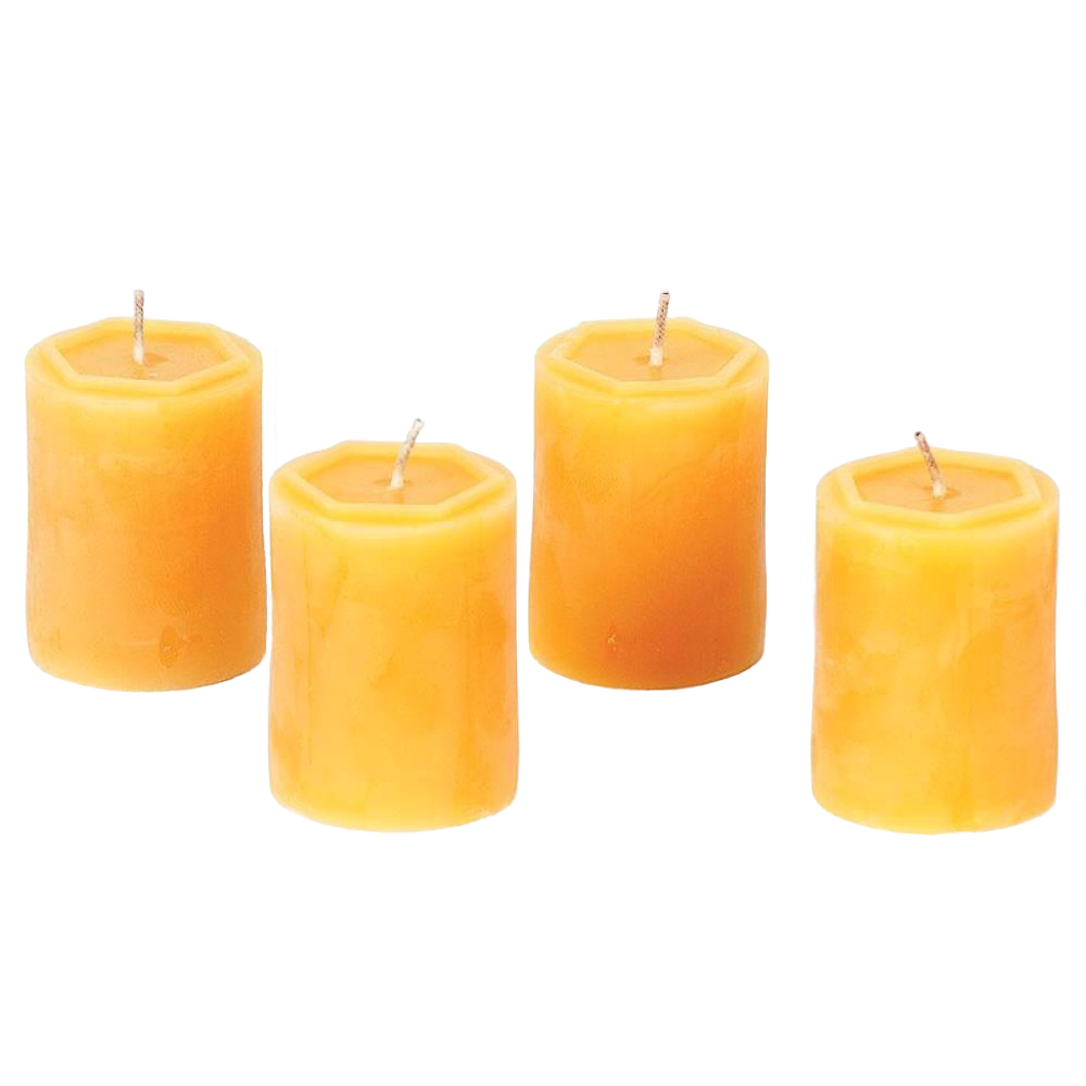 Set of four handcrafted 100 percent beeswax votive candles in warm honey tones, made in USA, offering long burn times and natural, smokeless illumination.
