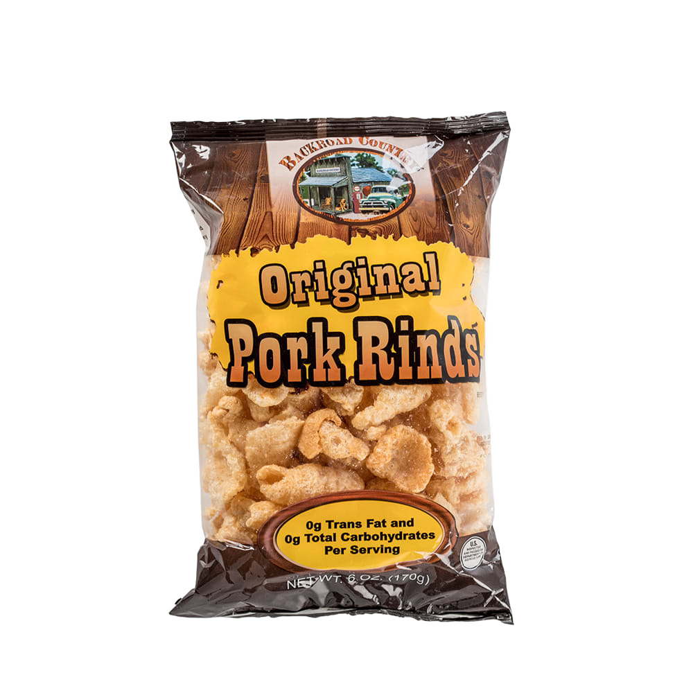 Handcrafted original pork rinds in a 6-ounce bag, made in USA, featuring zero trans fat and carbs per serving, ideal for Kitchen & Food, Snacks and Sweets, USA Made, Best Sellers, and Promo Eligible collections.