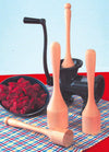 Set of smoothly sanded hardwood wooden stompers beside a vintage-style black metal meat grinder and a bowl of fresh red meat, part of Kitchen & Food, Specialty Equipment, and Amish Made collections.