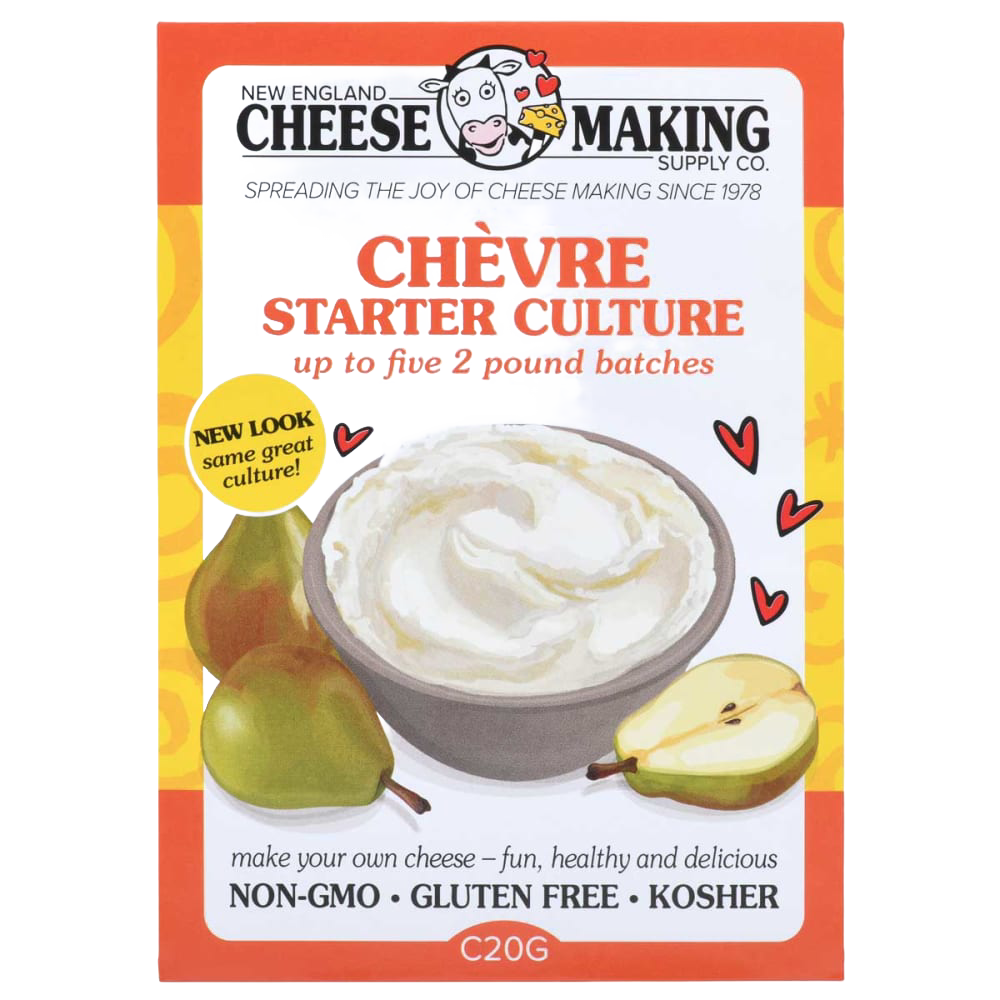 Package of chèvre starter culture with cheerful design showing a bowl of creamy goat cheese and fresh pears, ideal for Kitchen & Food, Specialty Equipment, DIY Cheese and Yogurt, Best Sellers, and Promo Eligible collections.