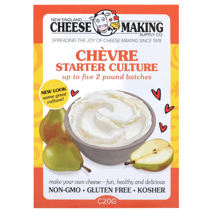 Package of chèvre starter culture with cheerful design showing a bowl of creamy goat cheese and fresh pears, ideal for Kitchen & Food, Specialty Equipment, DIY Cheese and Yogurt, Best Sellers, and Promo Eligible collections.