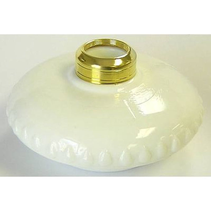 White glass lamp font with a polished brass collar and scalloped edge, designed for use with oil lamps, wall lamps, and popular lighting fixtures in Lamps & Lighting collections.