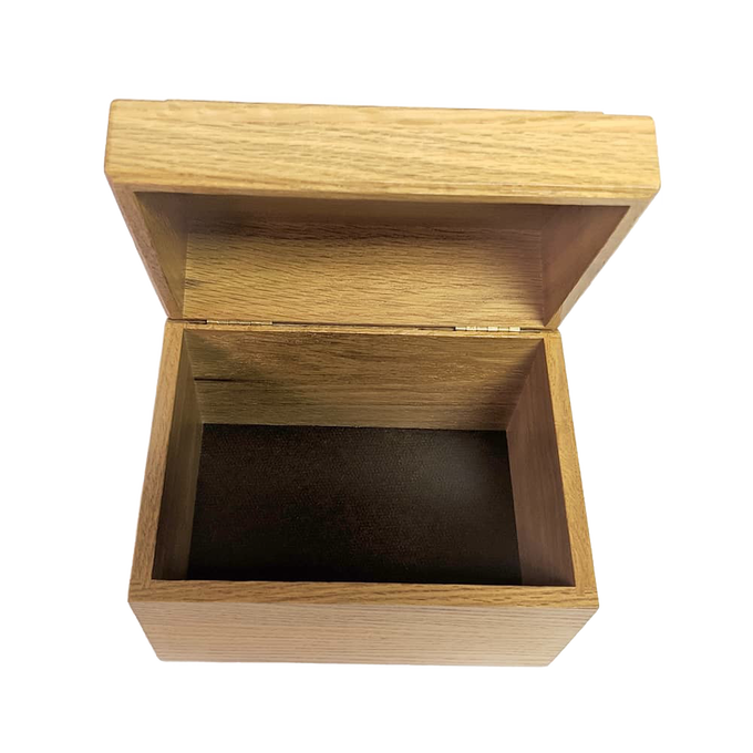 Handcrafted solid oak recipe box with smooth protective finish and recessed hinges, designed for Kitchen & Food, Storage and Serving, USA Made, and Best Sellers collections.