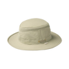 Khaki medium-brim hat with mesh ventilation and moisture-wicking fabric, designed for sun and rain protection during outdoor activities like camping, gardening, and wellness.