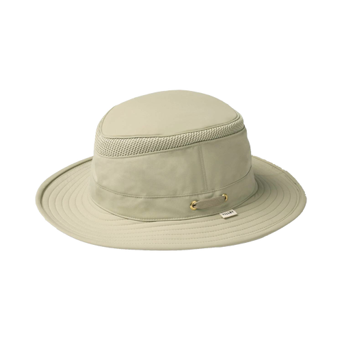 Khaki medium-brim hat with mesh ventilation and moisture-wicking fabric, designed for sun and rain protection during outdoor activities like camping, gardening, and wellness.