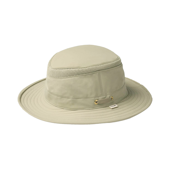 Khaki medium-brim hat with mesh ventilation and moisture-wicking fabric, designed for sun and rain protection during outdoor activities like camping, gardening, and wellness.