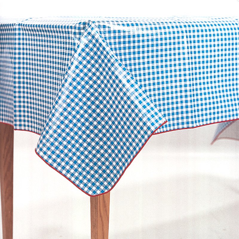 Blue and white checked vintage vinyl tablecloth with red serged edges, designed for easy cleaning and durability in Home & Decor, Kitchen Textiles, and Best Sellers collections.