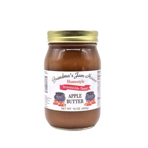 Handcrafted jar of apple butter with gold metal lid and white label displaying fruit and pot illustrations, made in USA, perfect for Kitchen & Food, Pantry, Peanut Butter & Jellies, Best Sellers, and Promo Eligible collections.