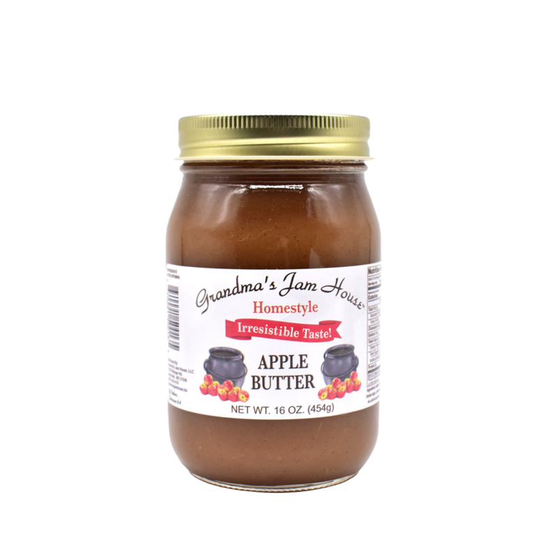 Handcrafted jar of apple butter with gold metal lid and white label displaying fruit and pot illustrations, made in USA, perfect for Kitchen & Food, Pantry, Peanut Butter & Jellies, Best Sellers, and Promo Eligible collections.