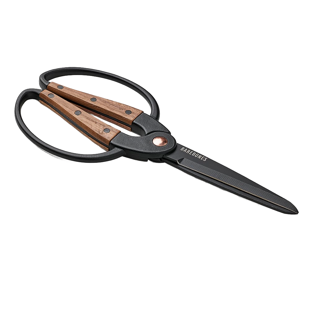 Small gardener’s scissors with black rust-resistant steel blades and wide walnut handles featuring a comfortable ambidextrous grip, part of Farm, Garden & Tool and Garden Accessories collections.