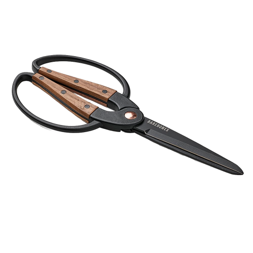 Small gardener’s scissors with black rust-resistant steel blades and wide walnut handles featuring a comfortable ambidextrous grip, part of Farm, Garden & Tool and Garden Accessories collections.