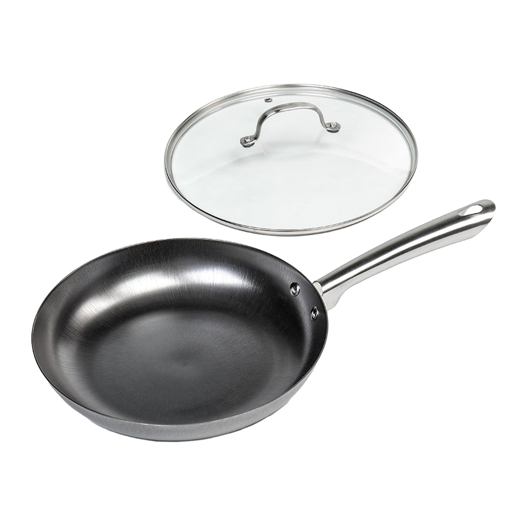 Handcrafted nitrogen infused cast iron skillet with a sleek stainless steel handle and a removable clear glass lid, ideal for Kitchen & Food, Cookware, Cast Iron, Best Sellers, Promo Eligible, and Sale collections.