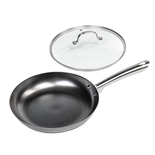 Handcrafted nitrogen infused cast iron skillet with a sleek stainless steel handle and a removable clear glass lid, ideal for Kitchen & Food, Cookware, Cast Iron, Best Sellers, Promo Eligible, and Sale collections.