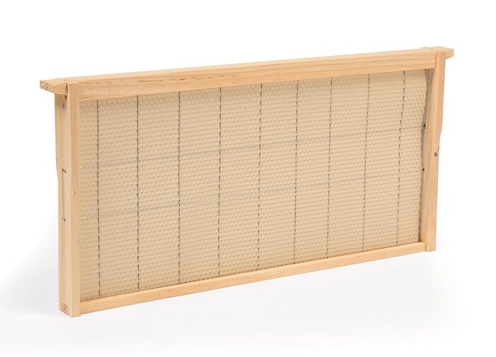 Wood bee frame with wired natural beeswax